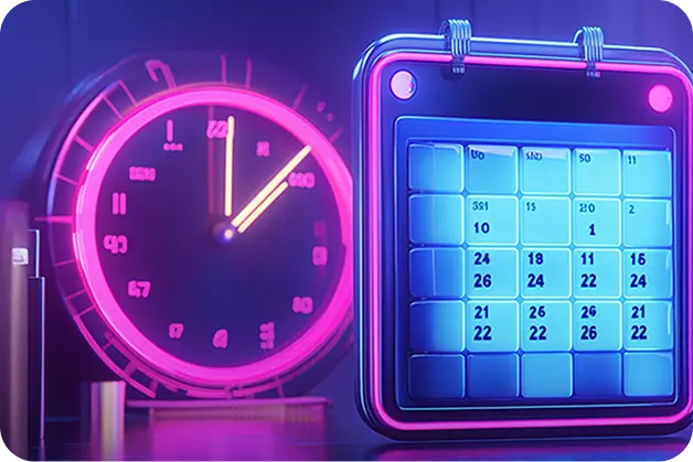 Taahhüt süresini takip etmeyi temsil eden, mor renkli dijital saat ve takvim görseli.